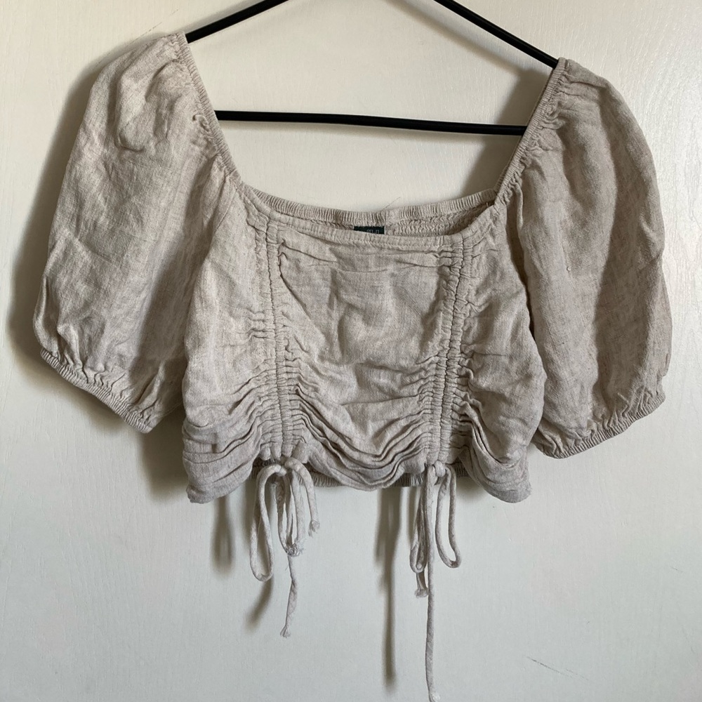 *Wild Fable Beige Linen Blend Cropped Balloon Sleeve Small Smocked Top #MBG